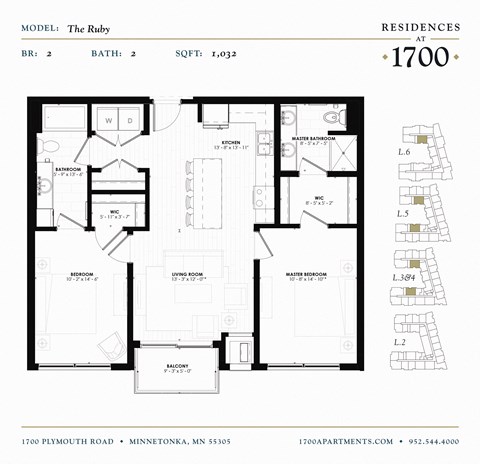 Floor plan for 2 beds, 2 baths, 1032 sqft